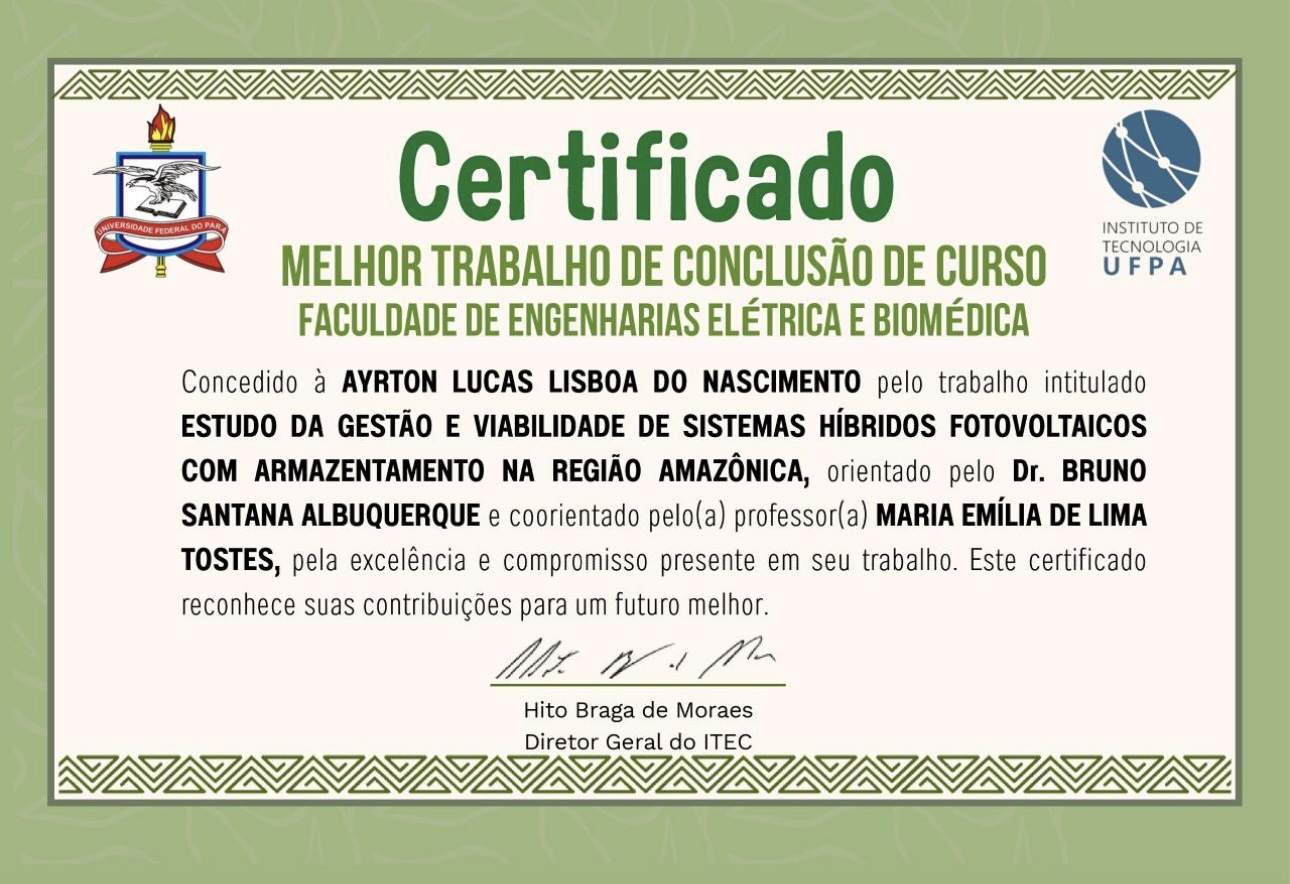 Melhor Trabalho de Conclusão de Curso pela Faculdade de Engenharias Elétrica e Biomédica da UFPA